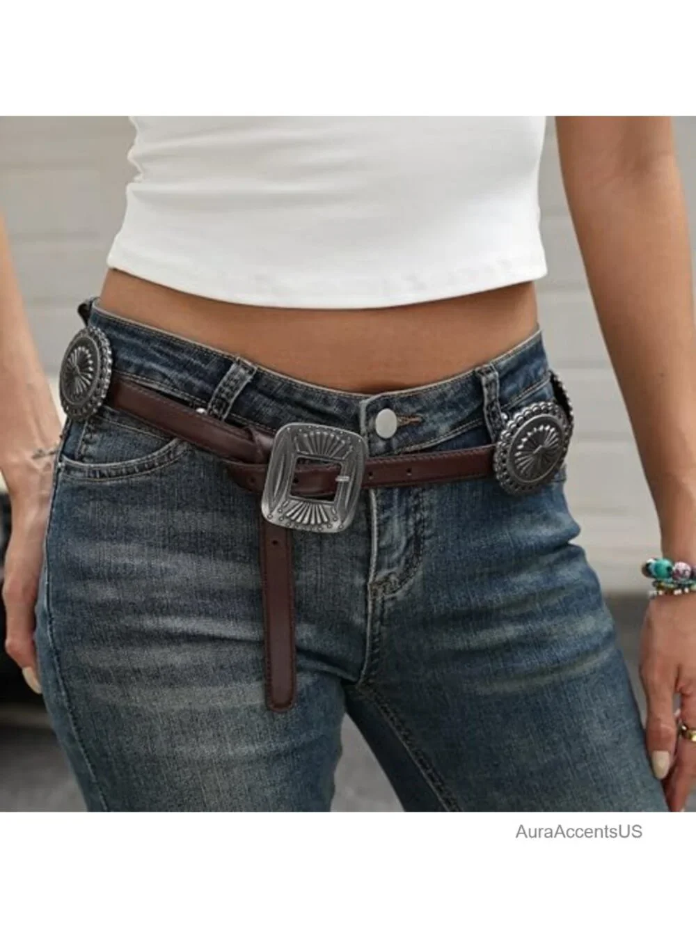 Women's Western Concho Belt Faux Leather Cowgirl Belt for Jeans Dresses Country